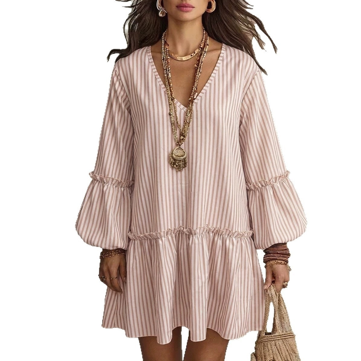 Women's Early Autumn Long Sleeve A Line Dress, Bohemian Style Striped Print V Neck - Pink