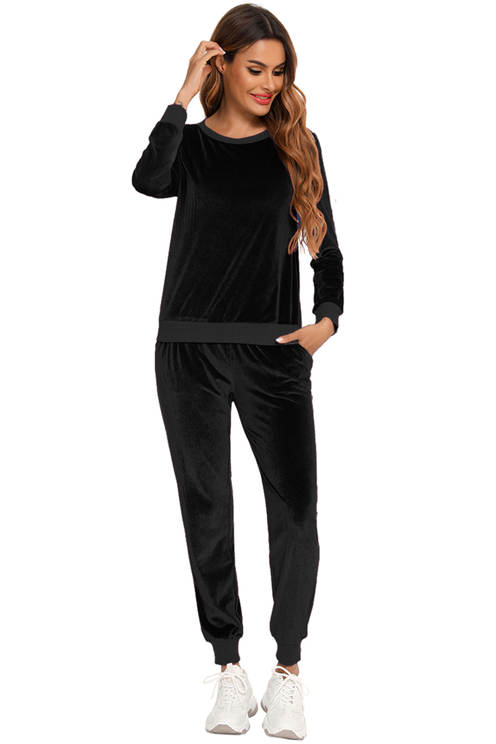 Women's Round Neck Long Sleeve Loungewear Set with Pockets