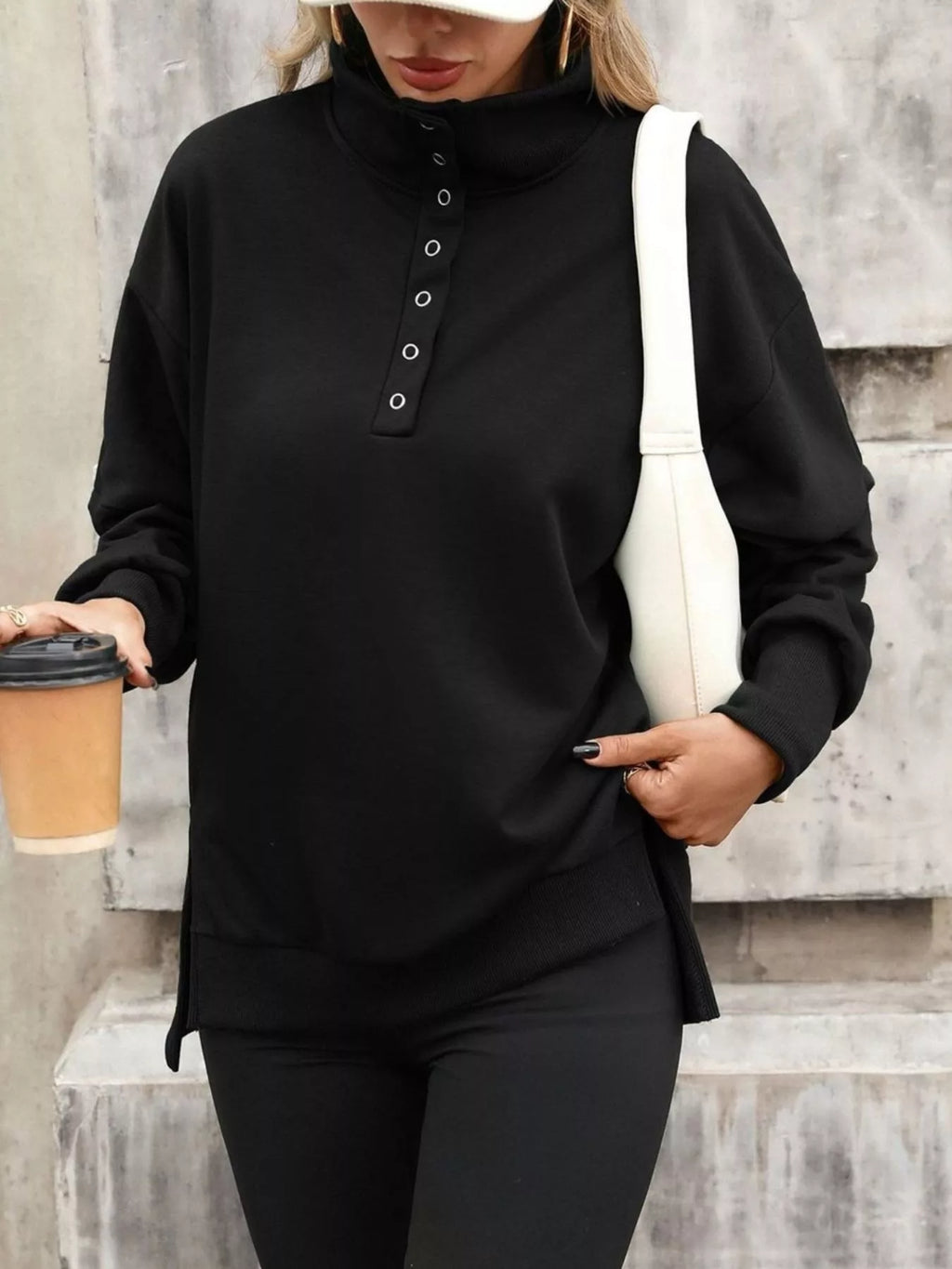 Women's Side Slit Half Snap Sweatshirt