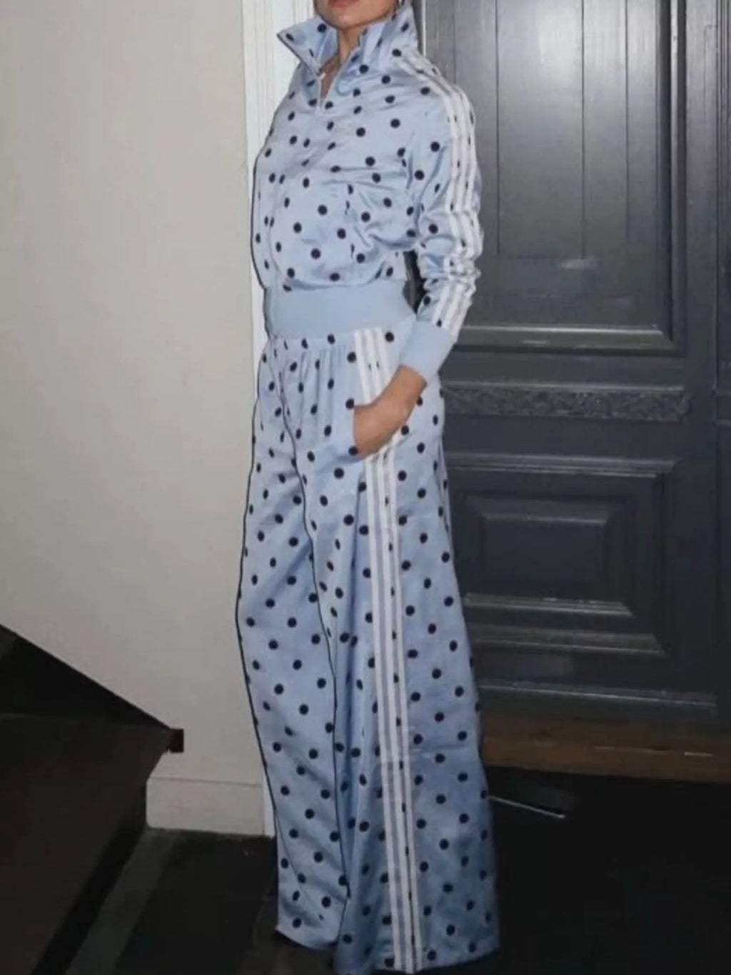 Women's Polka Dot Side Striped Outerwear and Pants Set