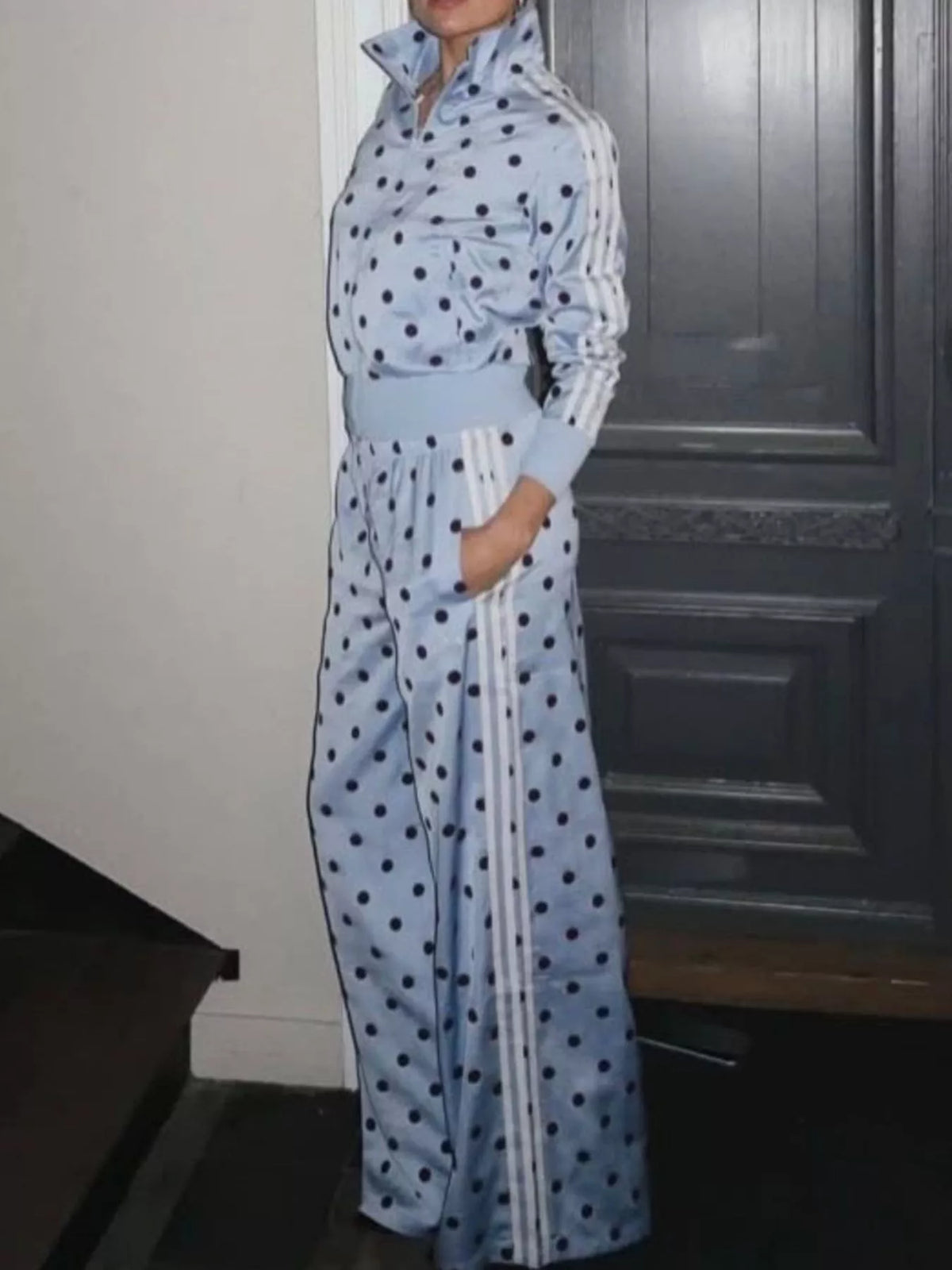 Women's Polka Dot Side Striped Outerwear and Pants Set