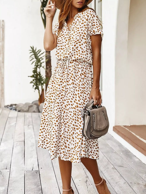 Animal Print Drawstring Waist Midi Dress