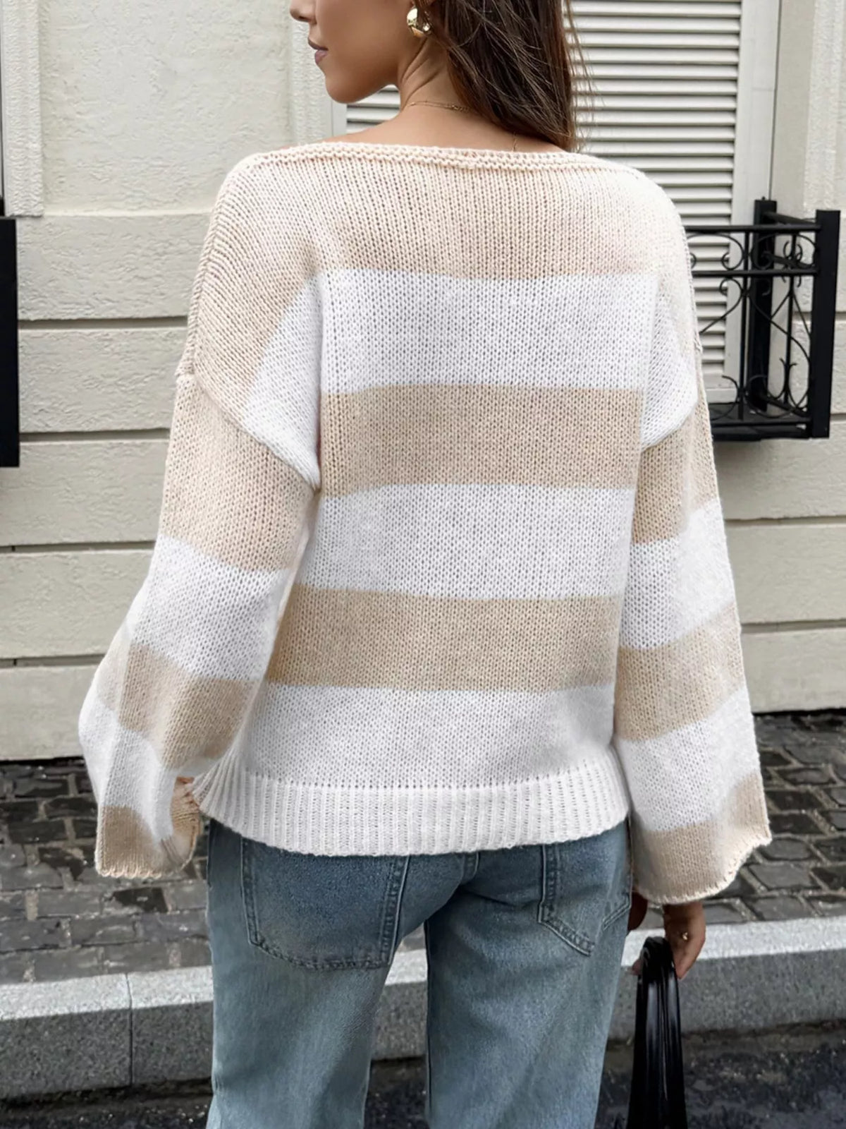 Women's Eggshell Striped Knit Boat Neck Sweater - Eggshell