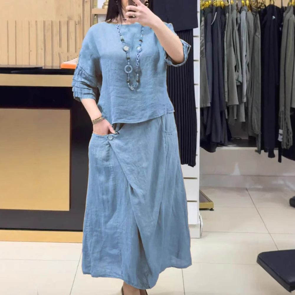 Women's Cross-Border European And American Amazon Hot-Selling New Foreign Trade Women's Casual Solid Color Loose Skirt Two-Piece Set - Light blue