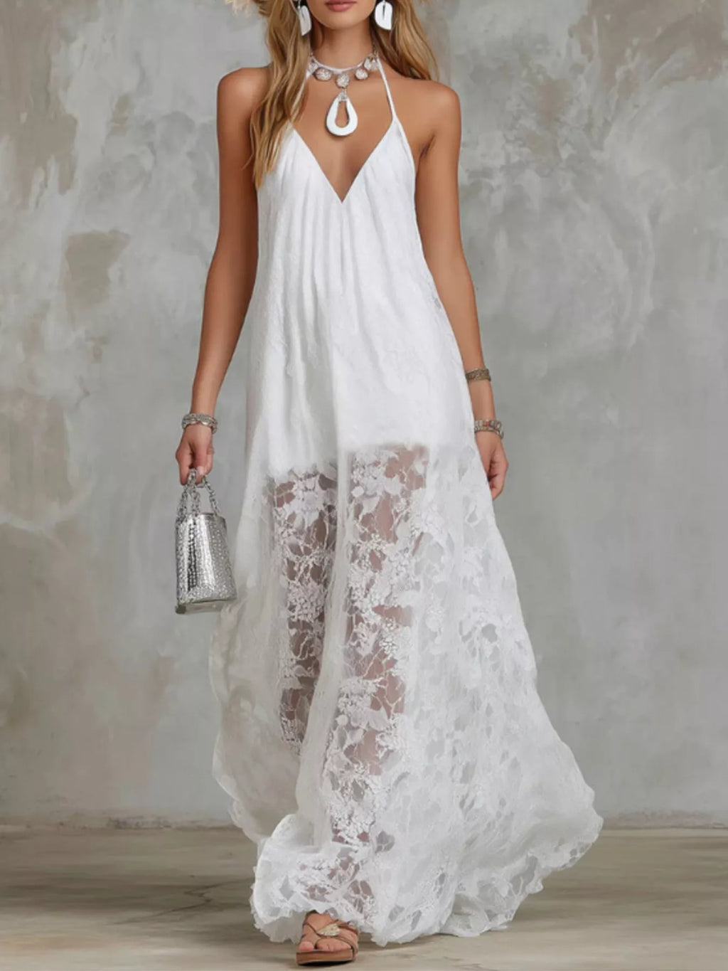 Women's White Halter Neck Lace Hem Maxi Dress - White
