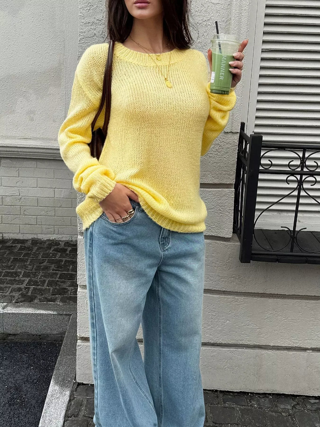Women's Yellow Crew Neck Dropped Shoulder Sweater - Yellow
