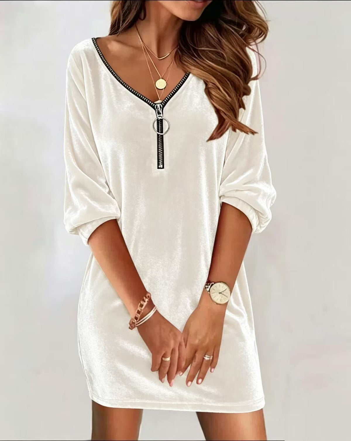 Autumn Winter New Women's Fashion Gold Velvet Casual Solid Color V-neck Zipper Long Sleeve Dress For Women