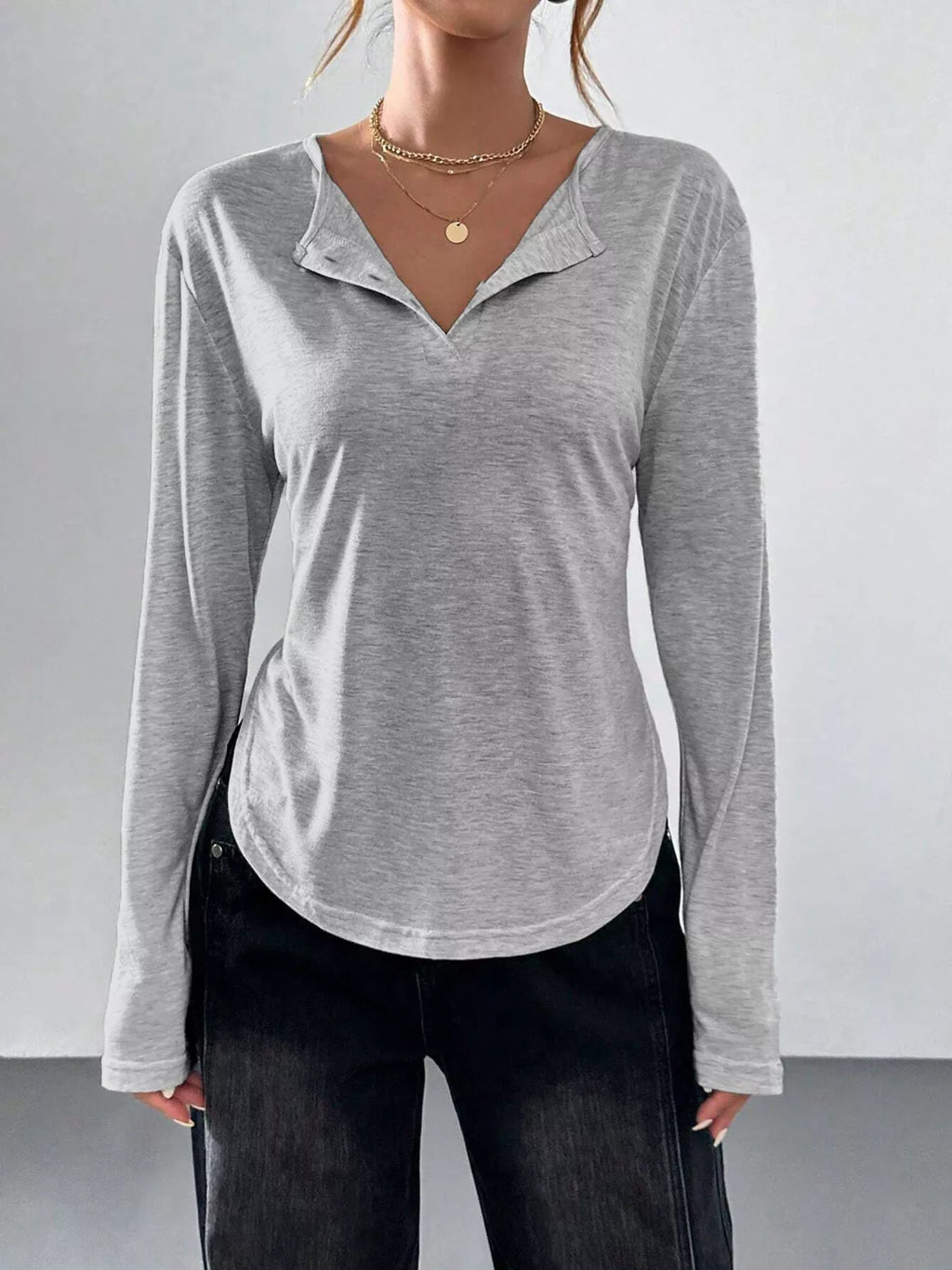 Women's Gray Casual Long Sleeve T-Shirt - Gray