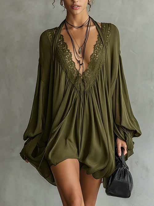 Black Sexy Lace-Panel V-Neck Halterneck Dress