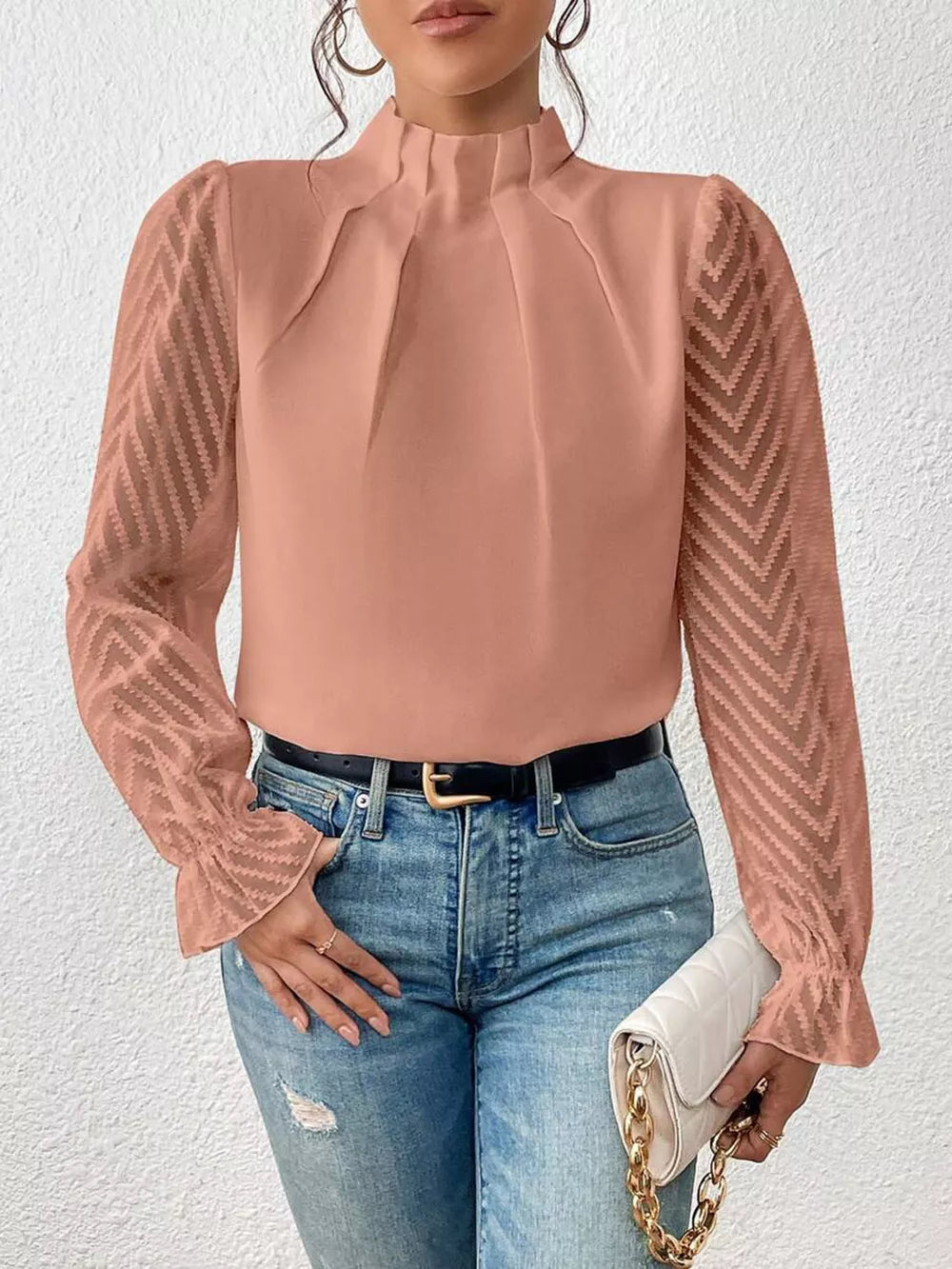 Women's Mock Neck Flounce Sleeve Blouse - Burnt Coral