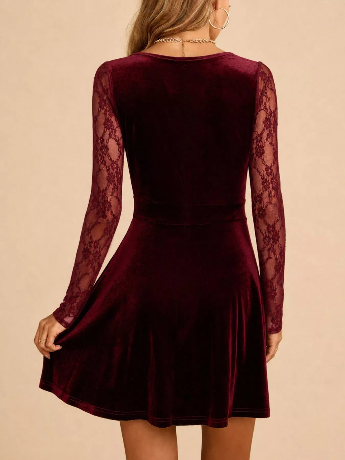 Women's Burgundy Velvet Lace Long Sleeve Mini Dress - Burgundy