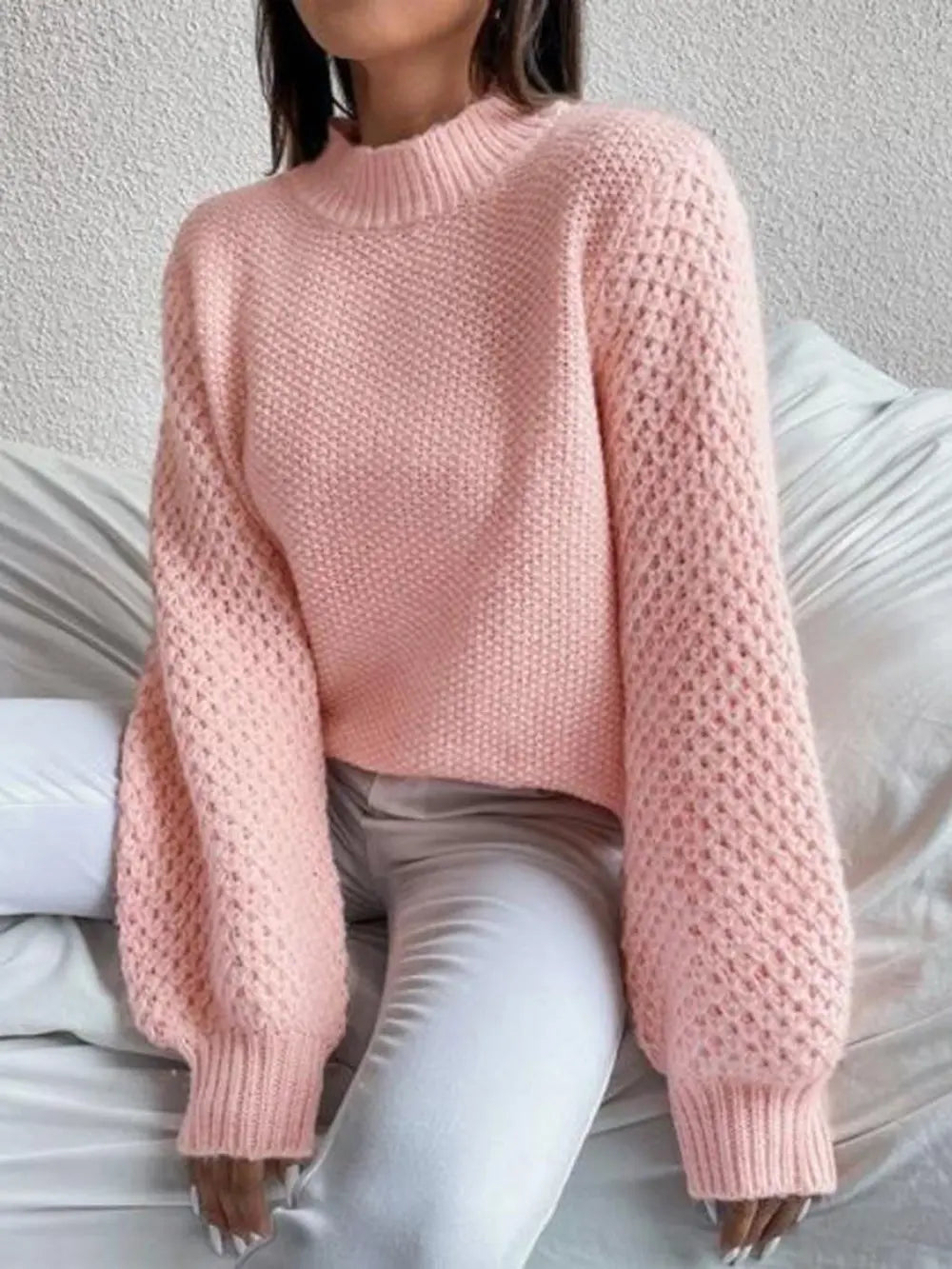 Women's Openwork Mock Neck Long Sleeve Sweater