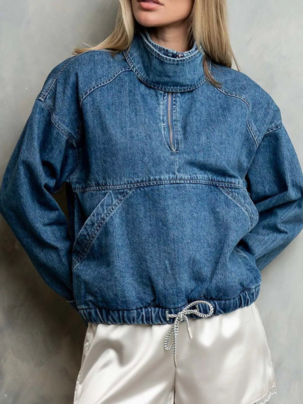 Women's Blue Half-Zip Turtleneck Denim Top - Blue