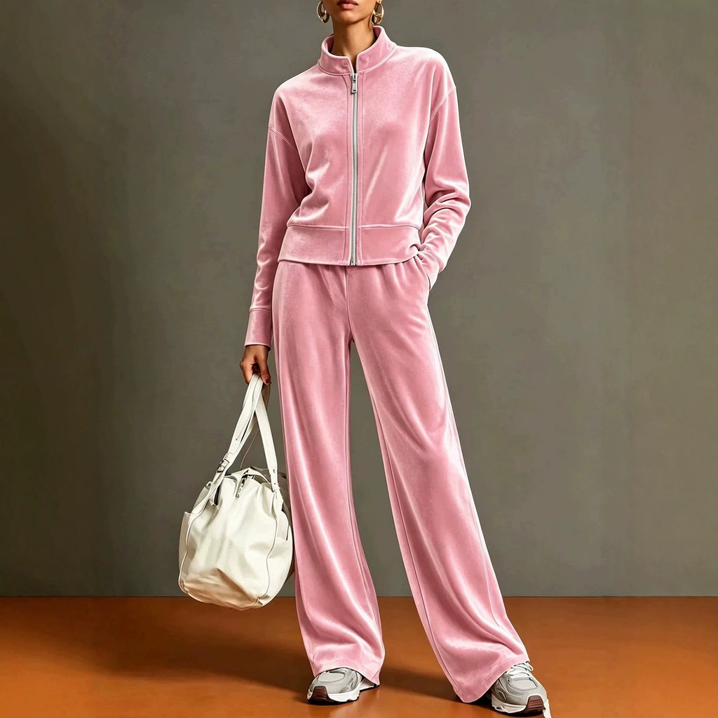 Women's Solid-color Stand-collar Cardigan And Zipper Hoodie Wide-leg Pants Set