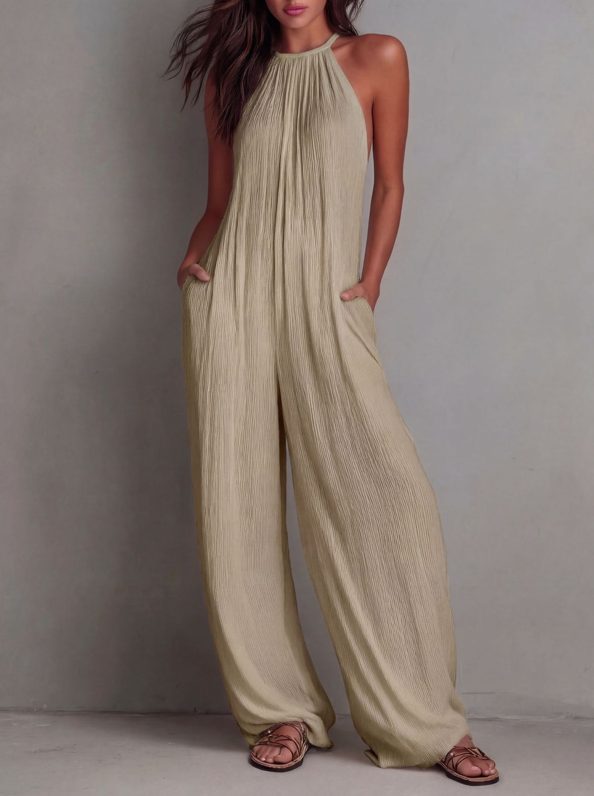 Women's Cross-Border Foreign Trade Women's Clothing European And American Style Halter Neck Sleeveless Vacation Style White Pleated Backless Wide-Leg Jumpsuit