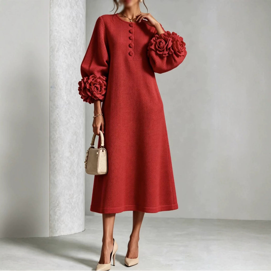 French-style Three-dimensional Floral Lantern-sleeve Cotton-linen Dress