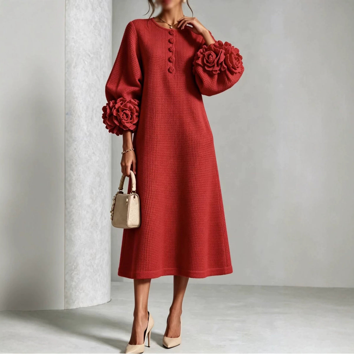 French-style Three-dimensional Floral Lantern-sleeve Cotton-linen Dress