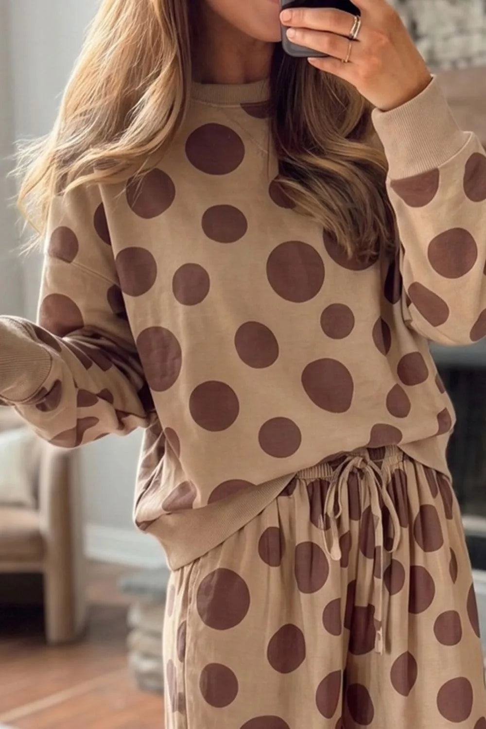 Women's Khaki Polka Dot Top and Pants Two-Piece Set - Khaki