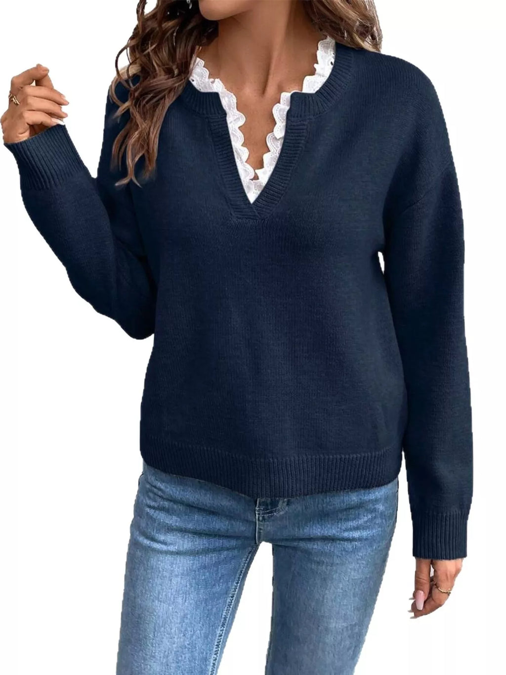 Women's Lace Trim Dropped Shoulder Sweater