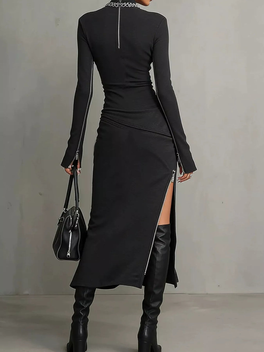 Women's Black Mock Neck Long Sleeve Zipper Detail Maxi Dress - Black