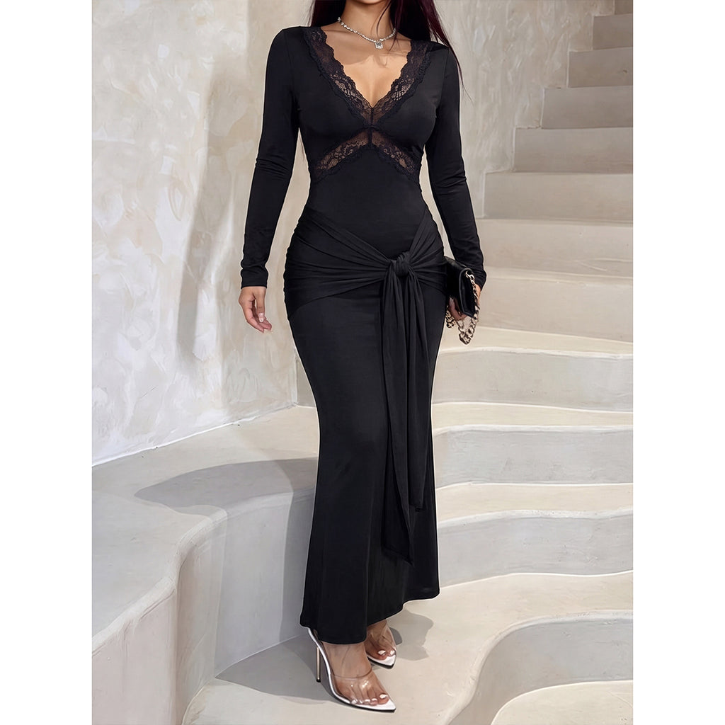 Women's Solid-Color Lace Deep-V Long-Sleeve Spliced Bandage Dress
