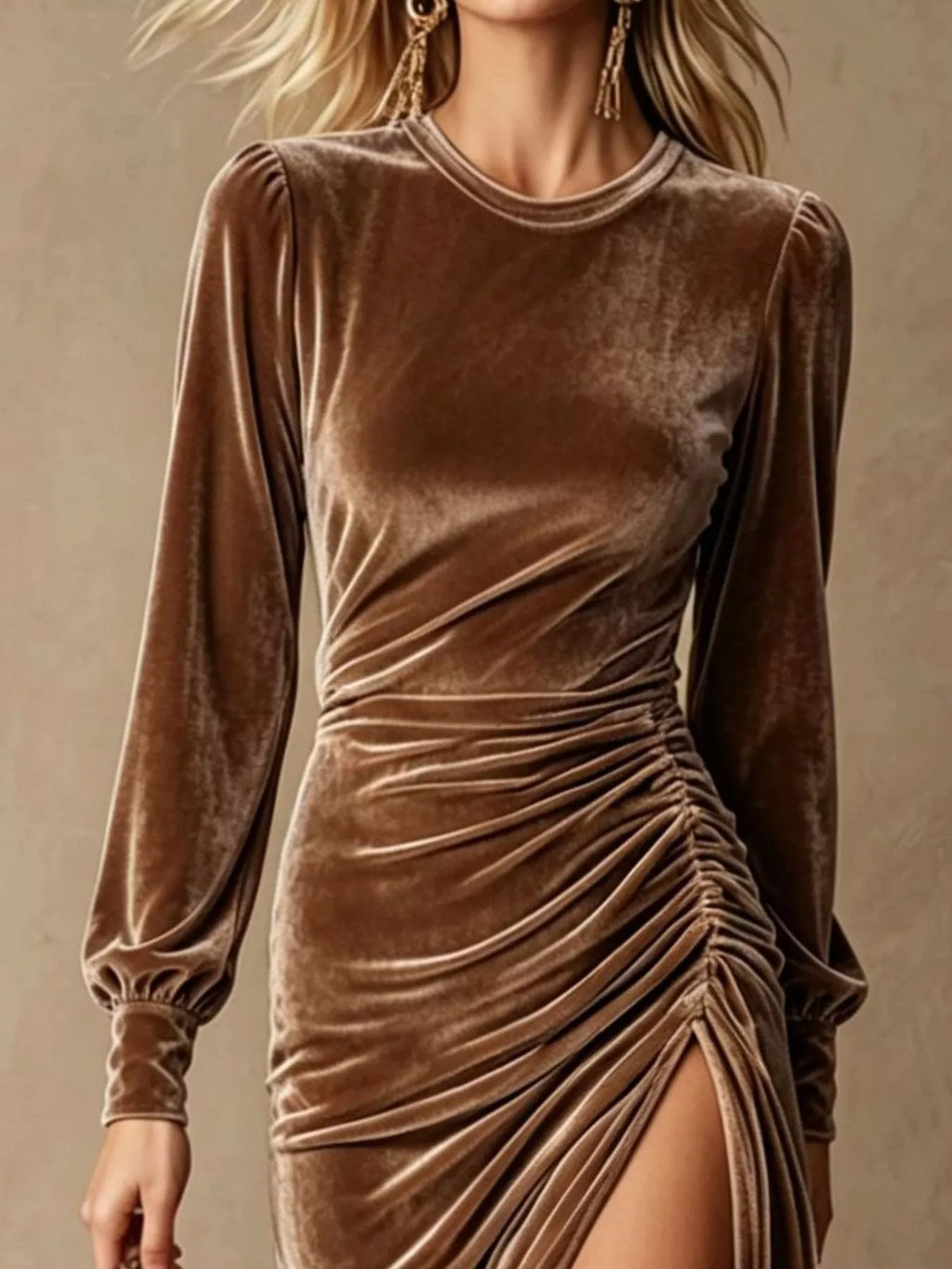Women's Velvet Ruched Long-Sleeve Slit Dress