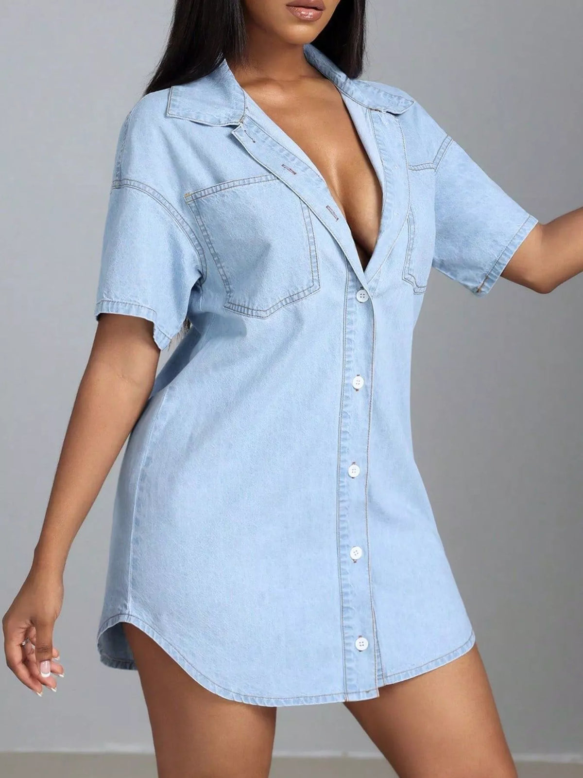 Women's Light Button-Down Short Sleeve Denim Dress - Light