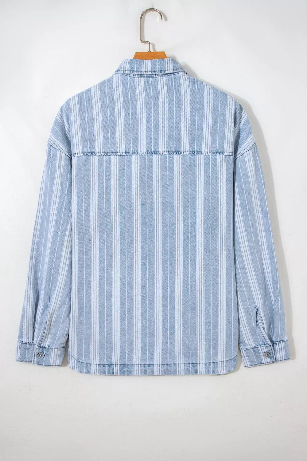 Women's Light Blue Stripe Boyfriend Chest Pocket Classic Denim Shacket - Light Blue