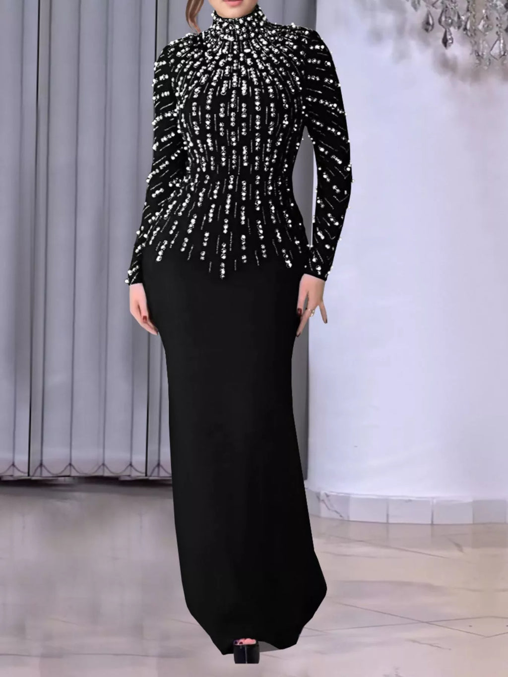 Women's Black Pearl Detail Mock Neck Maxi Dress - Black