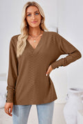 Women's V-Neck Long Sleeve Blouse - Brown