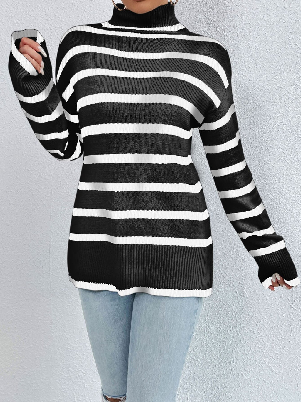 Women's Striped Turtleneck Drop Shoulder Sweater