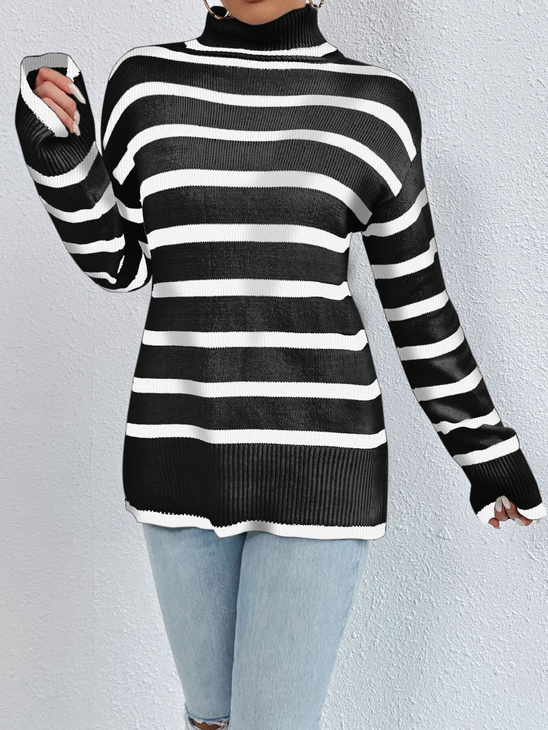 Women's Striped Turtleneck Drop Shoulder Sweater