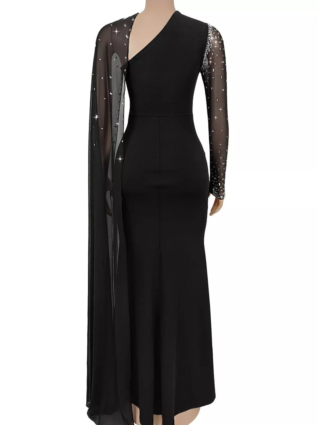 Women's Black Rhinestone Embellished Cape Maxi Dress - Black