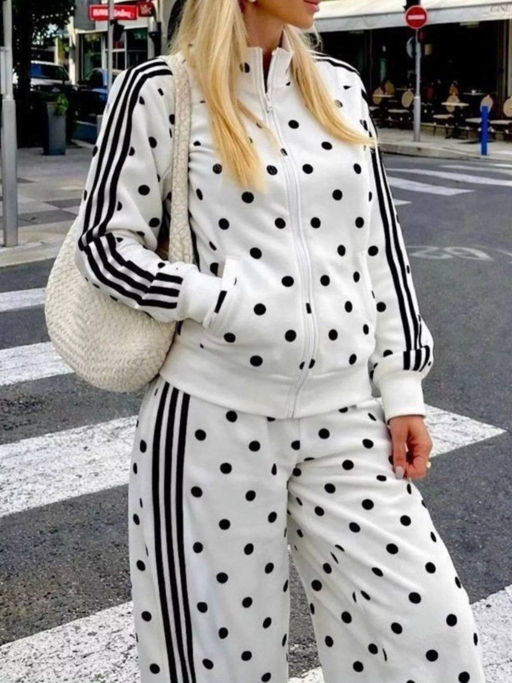 Women's Polka Dot Side Striped Outerwear and Pants Set