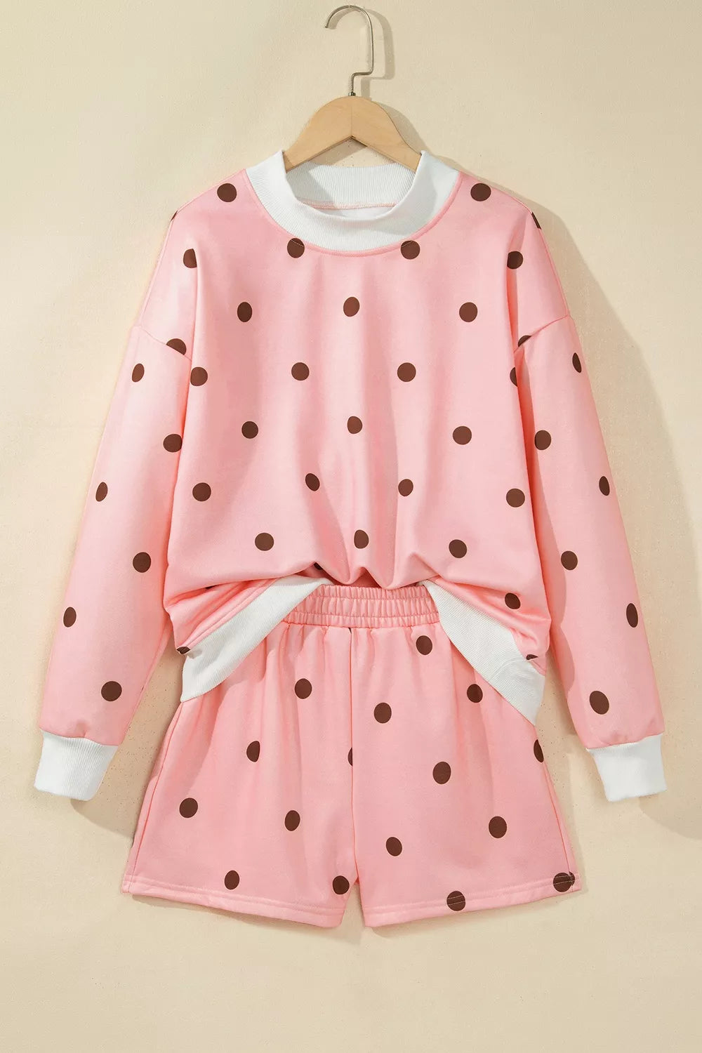 Women's Pale Blush Polka Dot Long Sleeve Sweatshirt and Shorts Lounge Set - Pale Blush