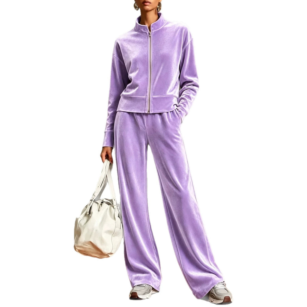 Women's Solid-color Stand-collar Cardigan And Zipper Hoodie Wide-leg Pants Set