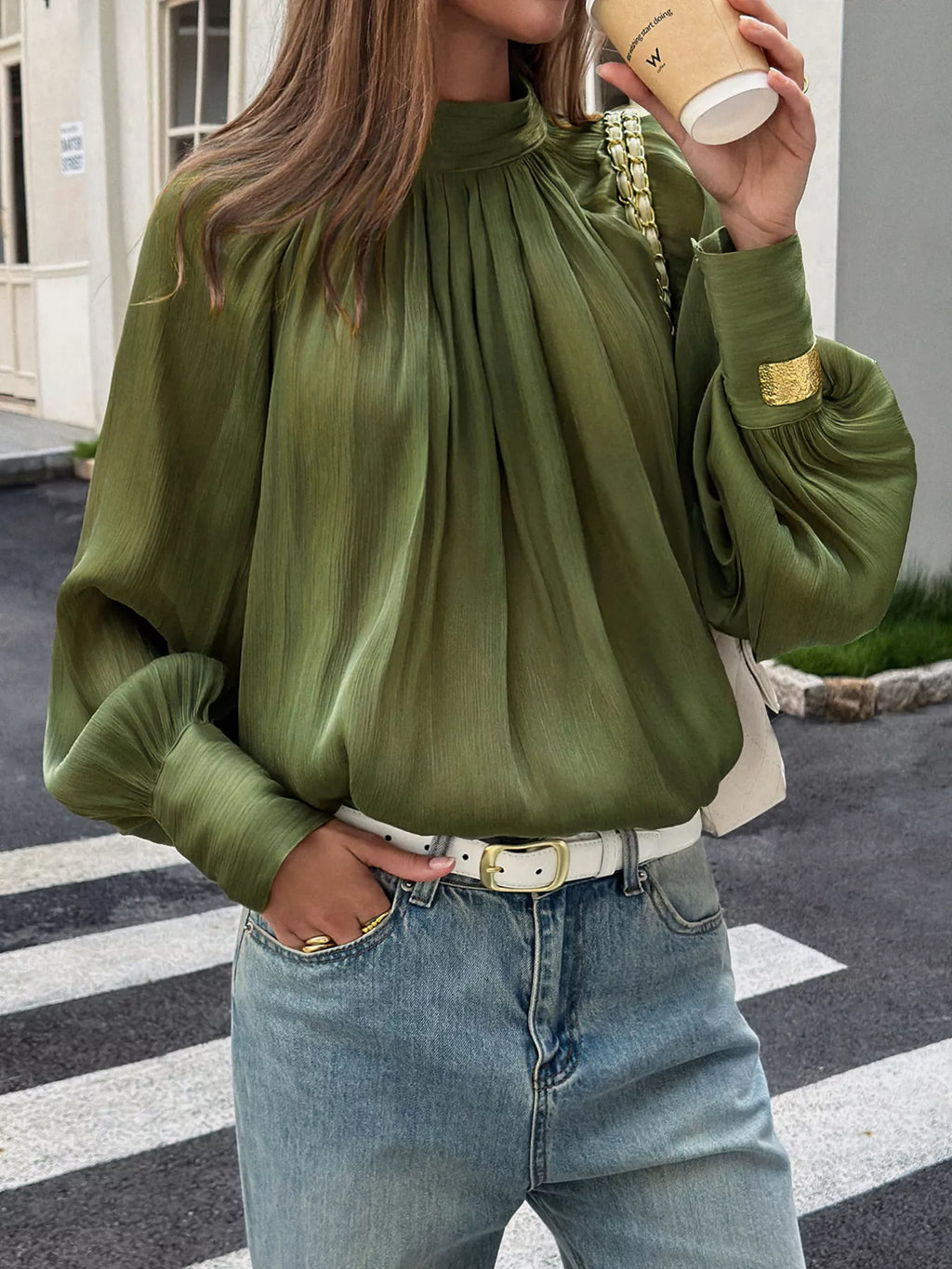 Women's Green Mock Neck Lantern Sleeves Blouse - Green