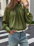 Women's Green Mock Neck Lantern Sleeves Blouse - Green