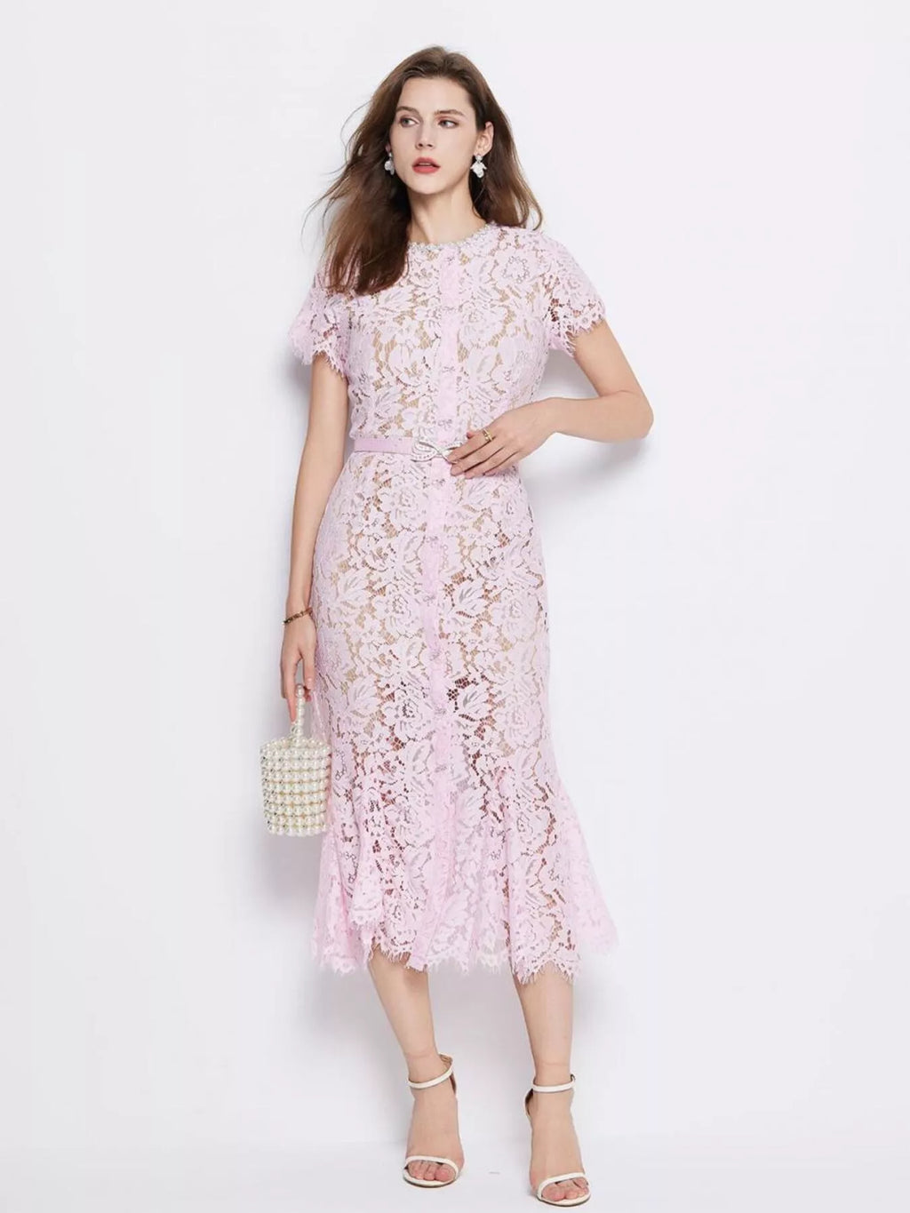 Women's Lace Short Sleeve Mermaid Dress - Powder
