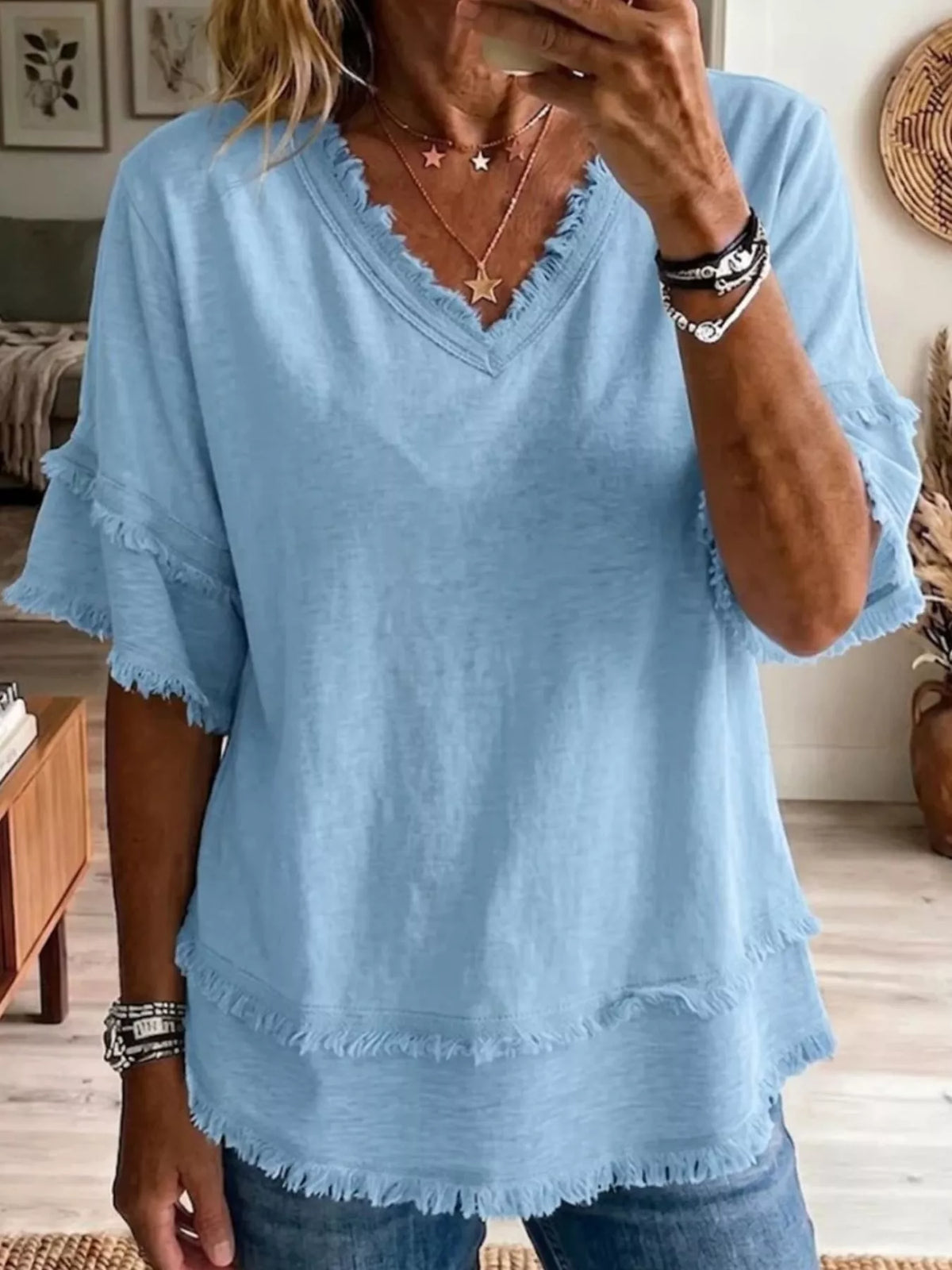 Full Size Frayed Edge V-Neck Blouse Plus Size
