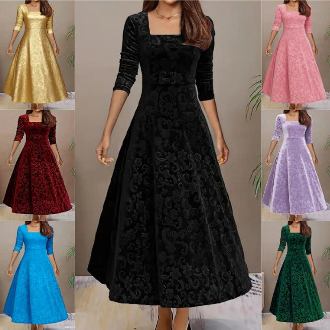 Plus-size Fashion Elegant Solid Color Jacquard Long-sleeve Square-neck Dress, Loose Extra-large Size Gold Velvet
