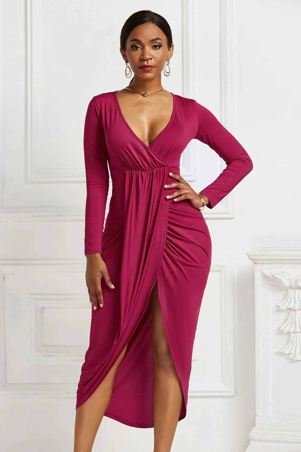 Women's High-low Ruched Surplice Long Sleeve Dress - Deep Rose