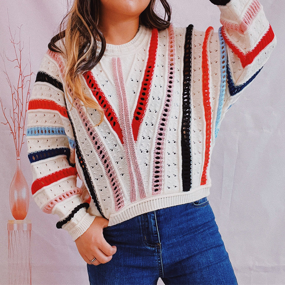 Women's Multicolor Striped Openwork Round Neck Sweater - Multicolor