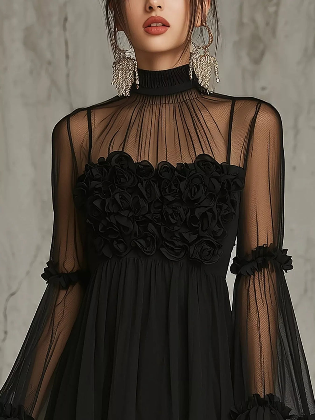 Women's Sheer Mesh Rose Applique Mini Dress