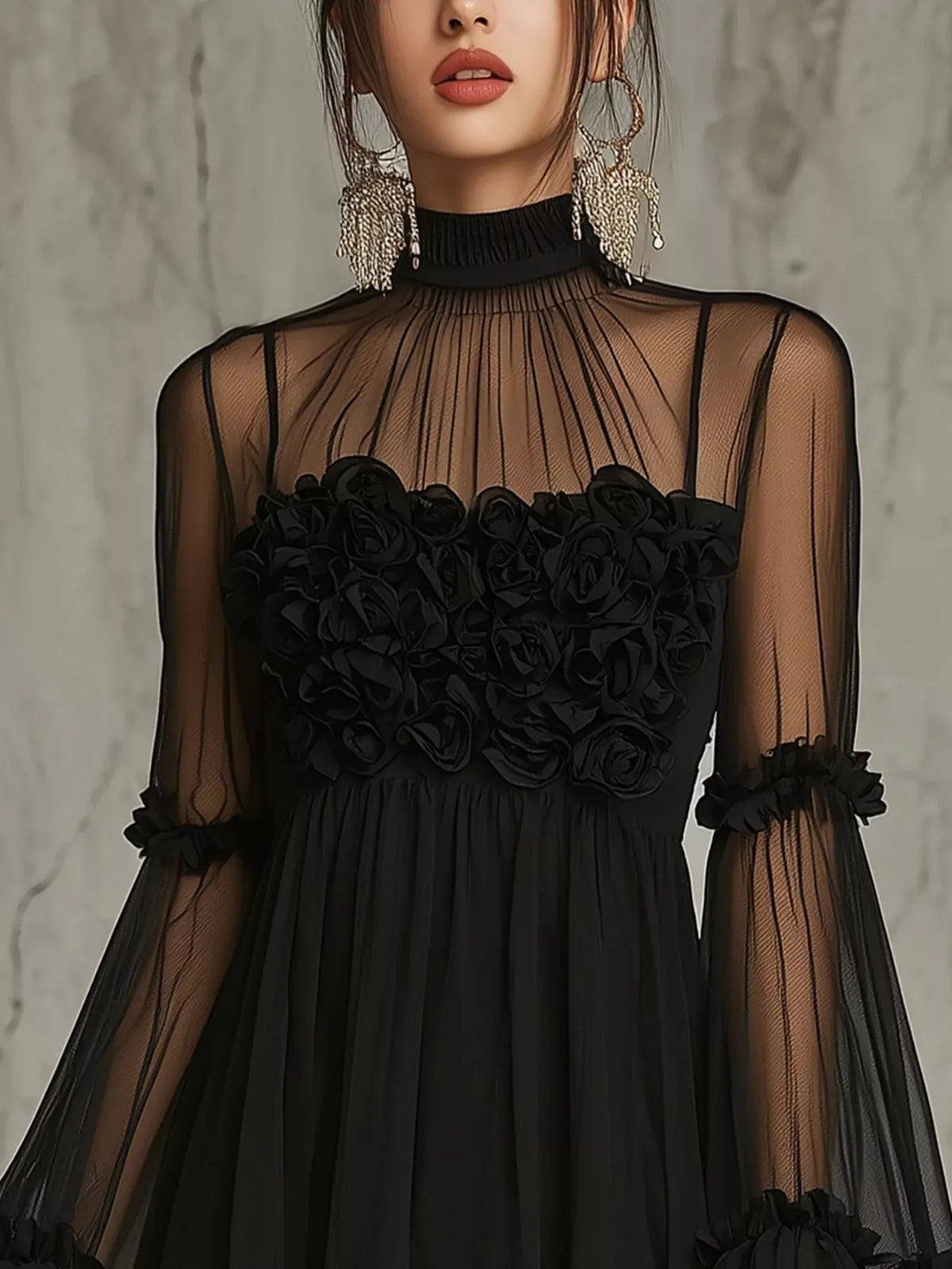 Women's Sheer Mesh Rose Applique Mini Dress