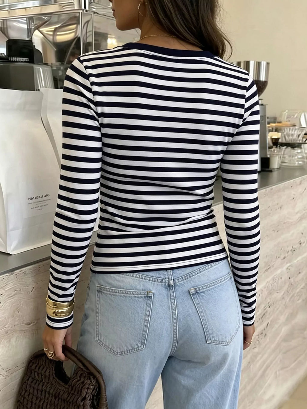 Women's Black Striped V-Neck Long Sleeve T-Shirt - Black