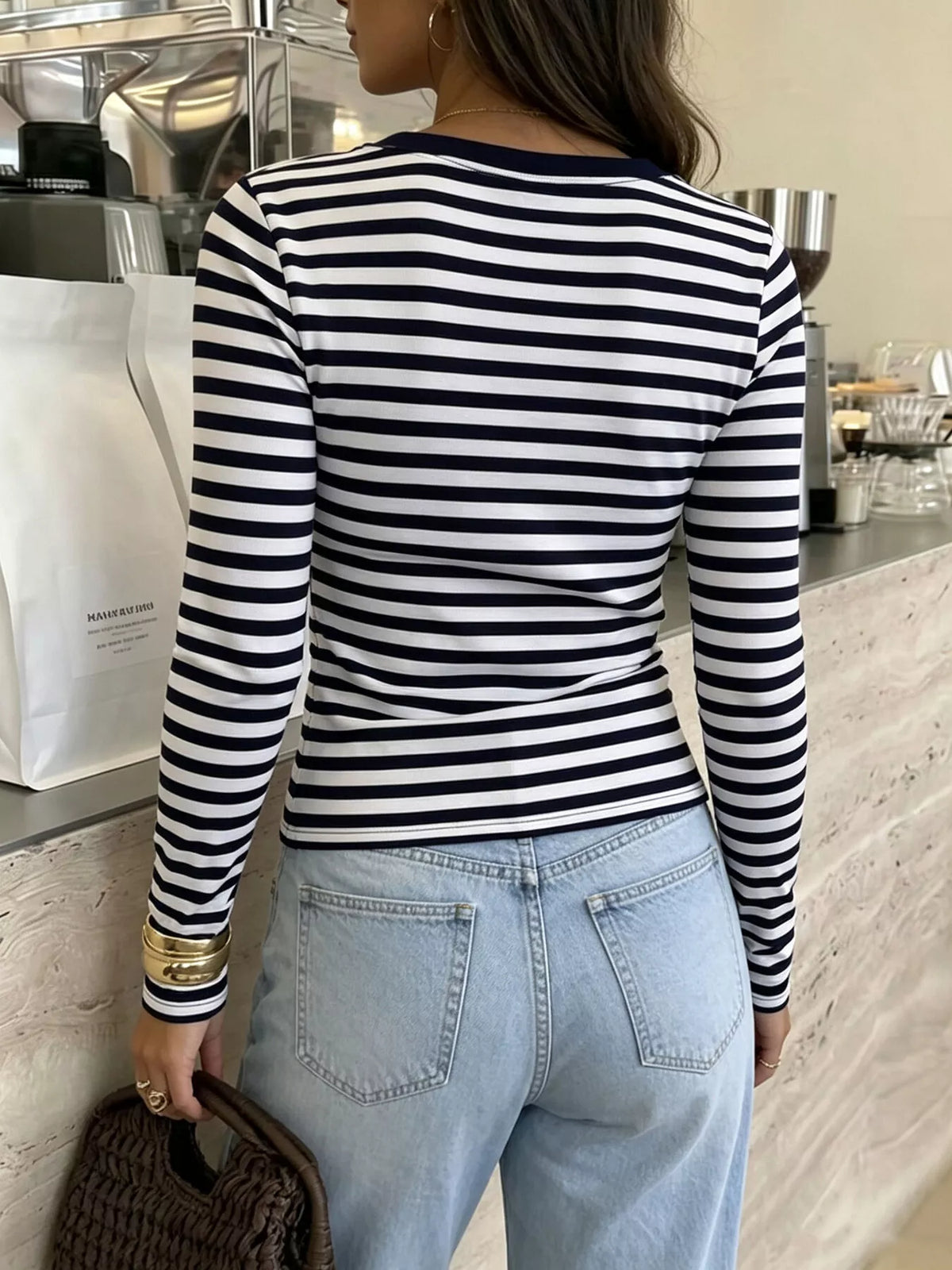 Women's Black Striped V-Neck Long Sleeve T-Shirt - Black