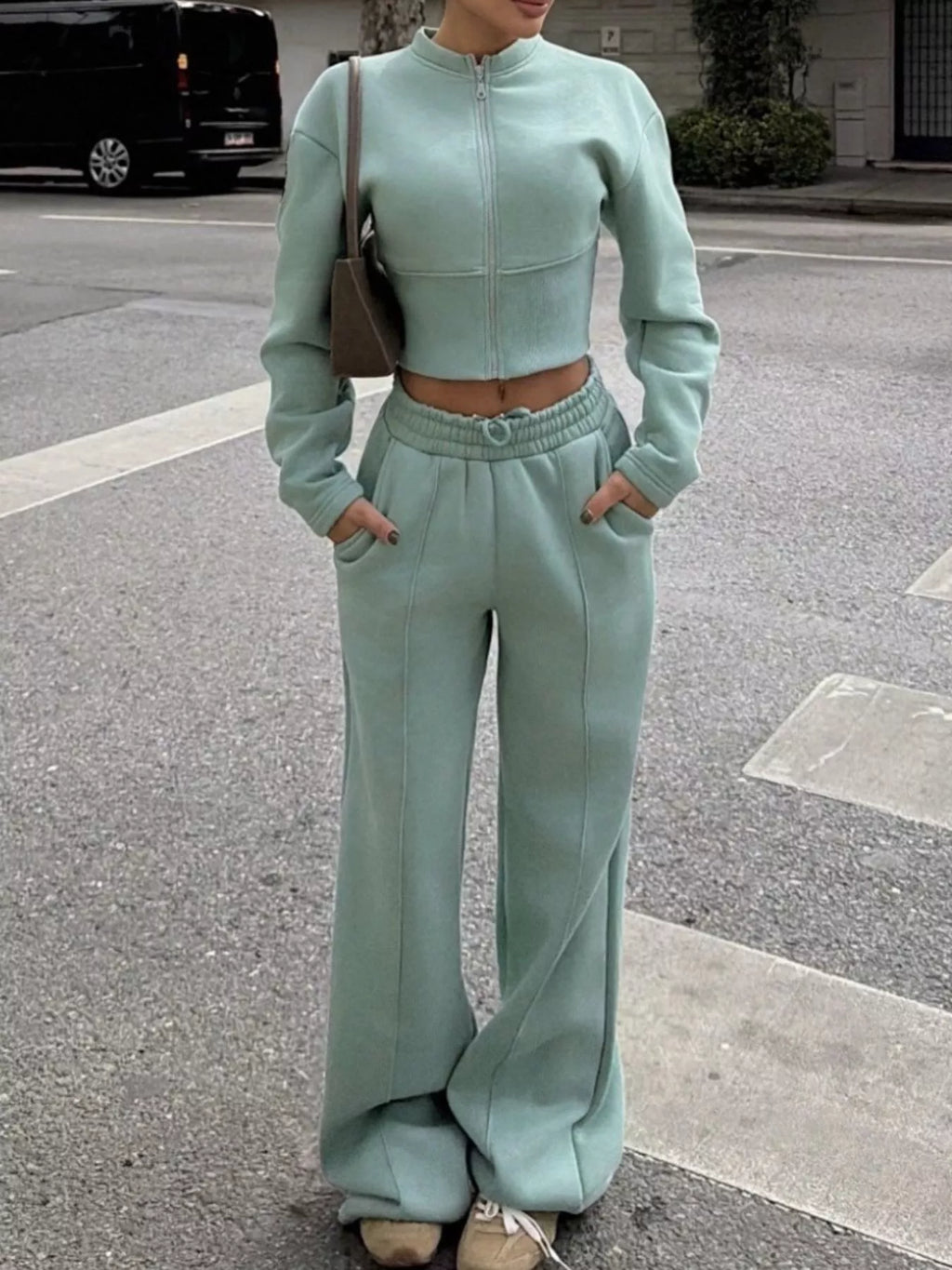 Women's Zip-Up Crop Jacket and Wide-Leg Pants Set