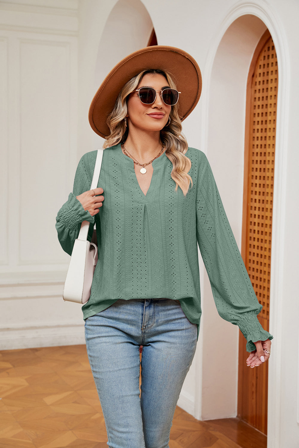 Women's Notched Neck Flounce Sleeve Blouse - Gum Leaf