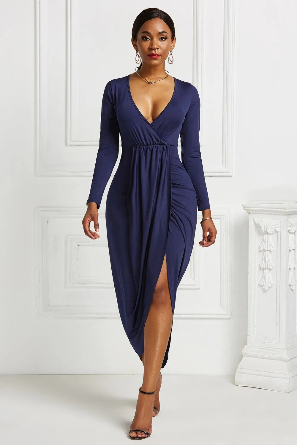 Women's High-low Ruched Surplice Long Sleeve Dress - Navy